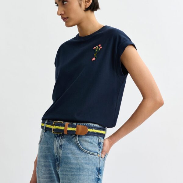 Essentiel Antwerp Navy cotton T-shirt with bead embroidery - Essentiel Antwerp Shirts - Colorful Belgian Design - Shop at Coveti