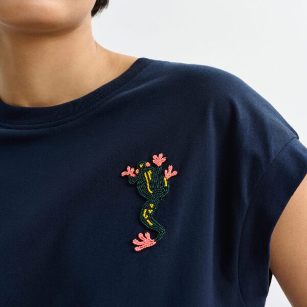 Essentiel Antwerp Navy cotton T-shirt with bead embroidery - Essentiel Antwerp Shirts - Colorful Belgian Design - Shop at Coveti