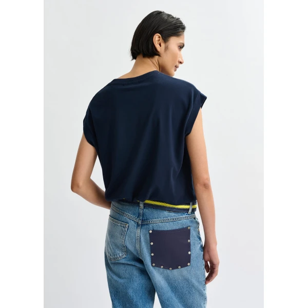 Essentiel Antwerp Navy cotton T-shirt with bead embroidery Top, view 5