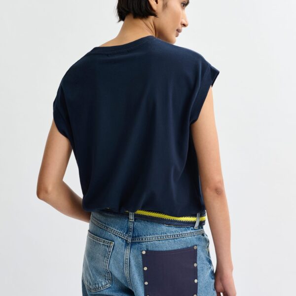 Essentiel Antwerp Navy cotton T-shirt with bead embroidery - Essentiel Antwerp Shirts - Colorful Belgian Design - Shop at Coveti