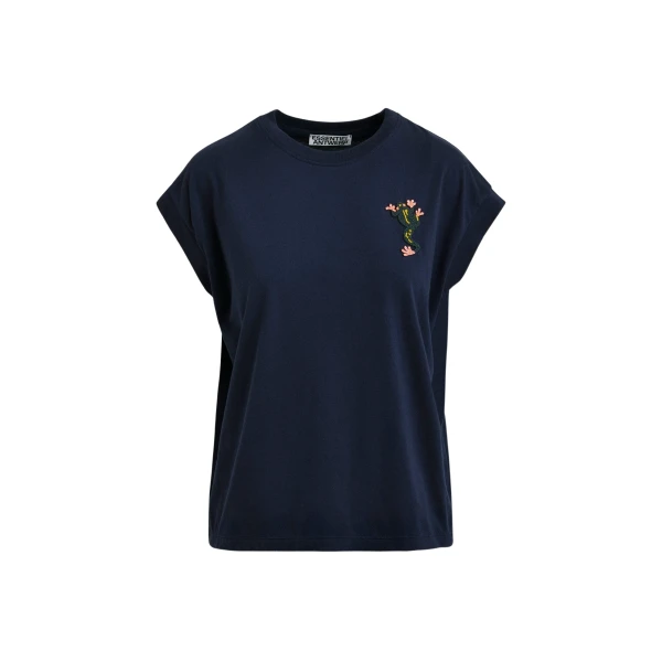 Essentiel Antwerp Navy cotton T-shirt with bead embroidery - Essentiel Antwerp Shirts - Colorful Belgian Design - Shop at Coveti