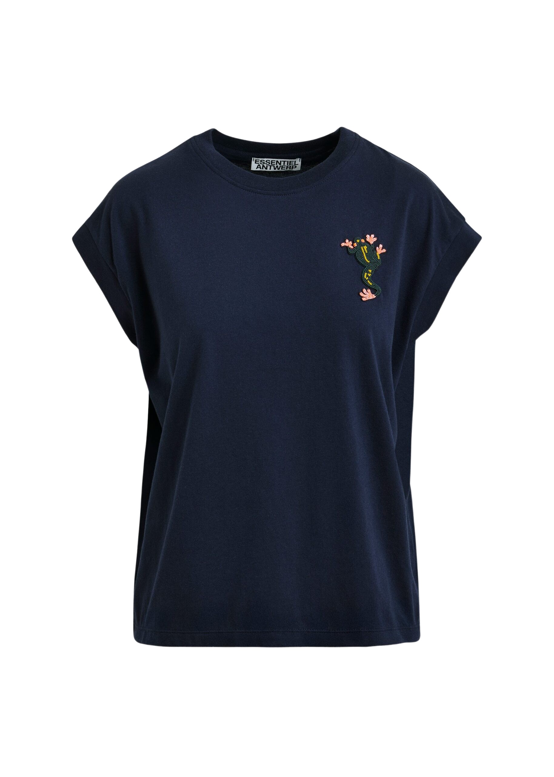 Essentiel Antwerp Navy cotton T-shirt with bead embroidery - Essentiel Antwerp Shirts - Colorful Belgian Design - Shop at Coveti