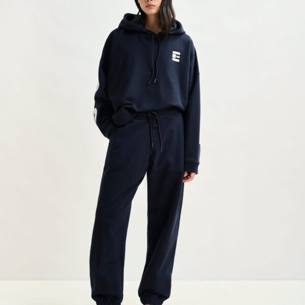Essentiel Antwerp Navy cotton sweatpants with E-shaped embroidery - Essentiel Antwerp Pants - Colorful Belgian Design - Shop at Coveti