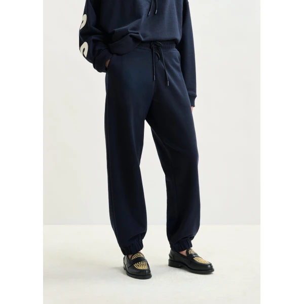 Essentiel Antwerp Navy cotton sweatpants with E-shaped embroidery, view 3