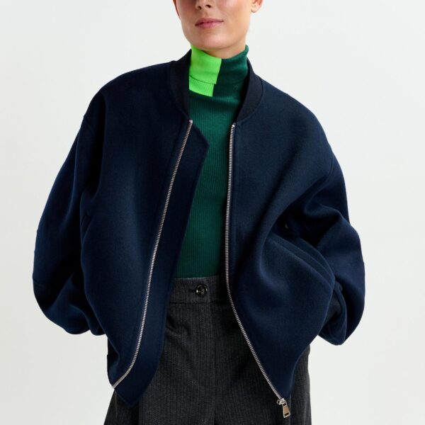 Essentiel Antwerp Navy oversized wool bomber jacket - Essentiel Antwerp Jackets - Colorful Belgian Design - Shop at Coveti