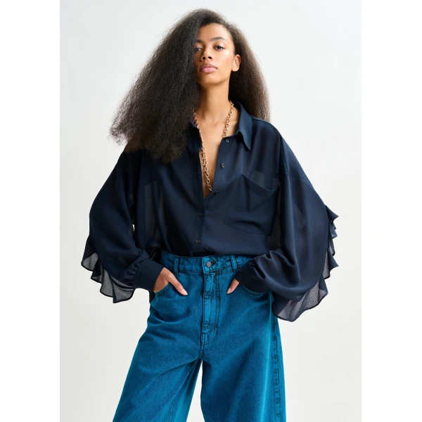 Essentiel Antwerp Navy ruffle-sleeve shirt, view 3
