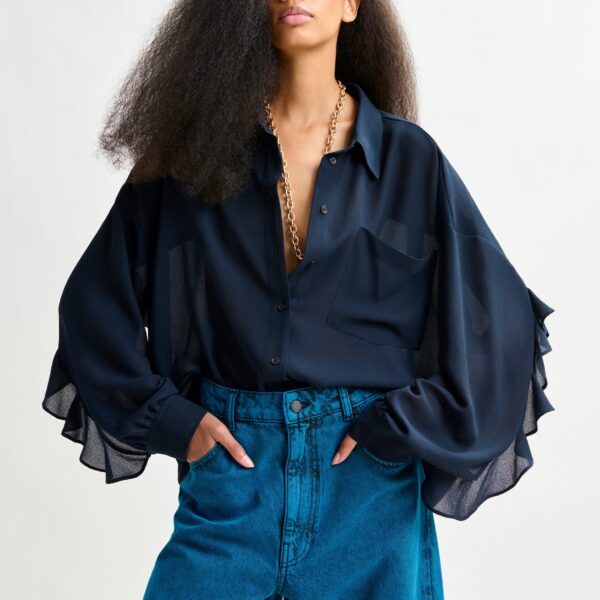 Essentiel Antwerp Navy ruffle-sleeve shirt - Essentiel Antwerp Shirts - Colorful Belgian Design - Shop at Coveti