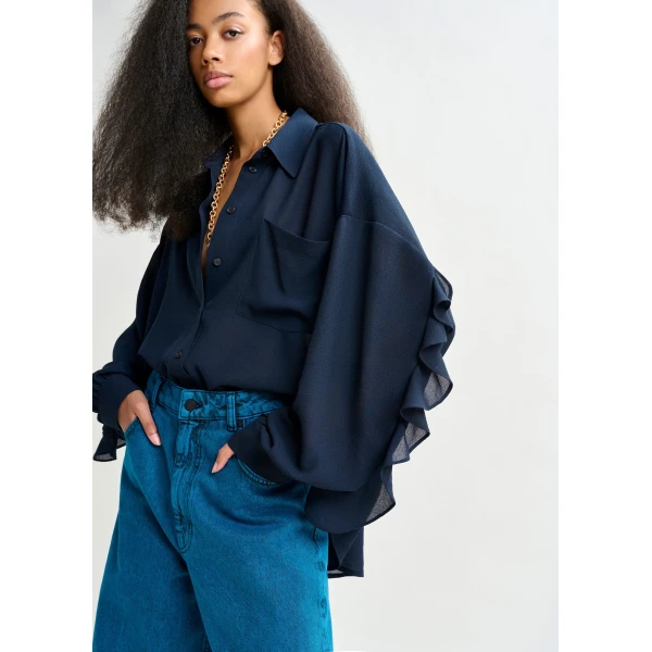 Essentiel Antwerp Navy ruffle-sleeve shirt, view 4