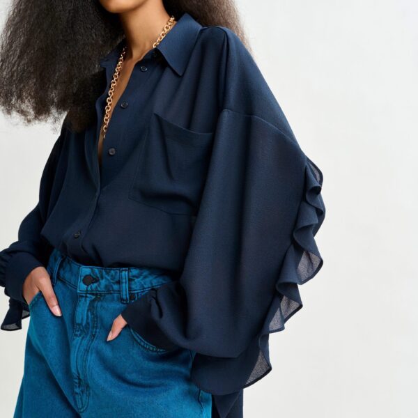 Essentiel Antwerp Navy ruffle-sleeve shirt - Essentiel Antwerp Shirts - Colorful Belgian Design - Shop at Coveti