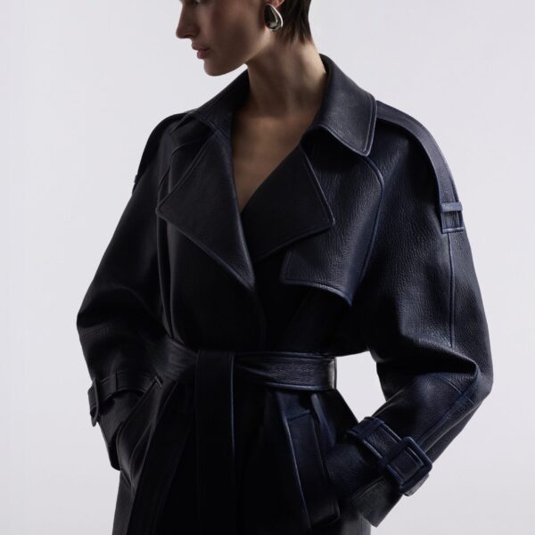Nour Hammour Coats Color | Claudia Textured Leather Trench luxury leather Coats from Coveti