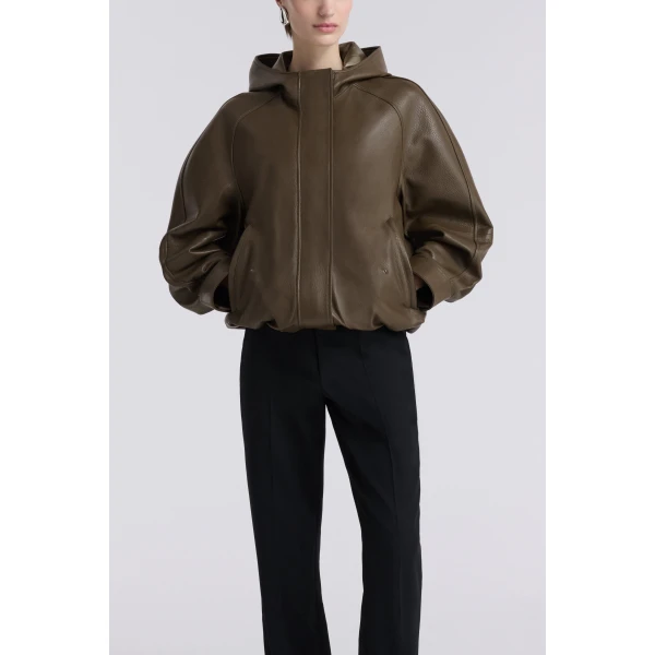 Nour Hammour Hood Slouchy Leather Bomber Jacket, view 2