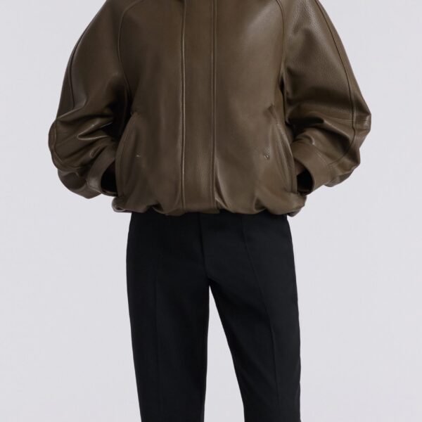 Nour Hammour Jackets Color | Hood Slouchy Leather Bomber luxury leather Jackets from Coveti