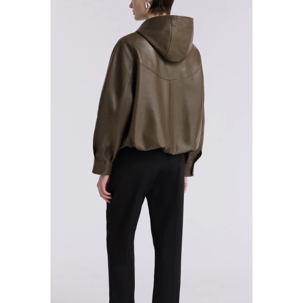 Nour Hammour Hood Slouchy Leather Bomber Jacket, view 3