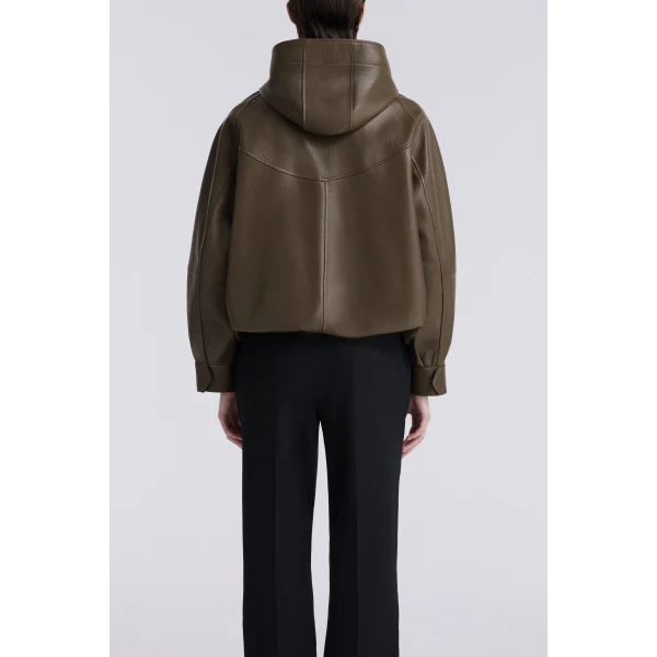 Nour Hammour Hood Slouchy Leather Bomber Jacket, view 4