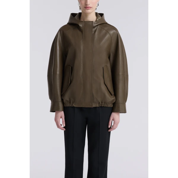 Nour Hammour Hood Slouchy Leather Bomber Jacket, view 5