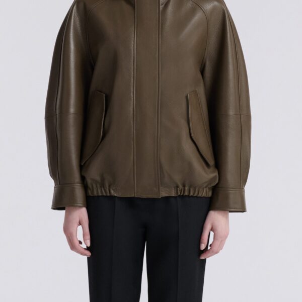 Nour Hammour Jackets Color | Hood Slouchy Leather Bomber luxury leather Jackets from Coveti