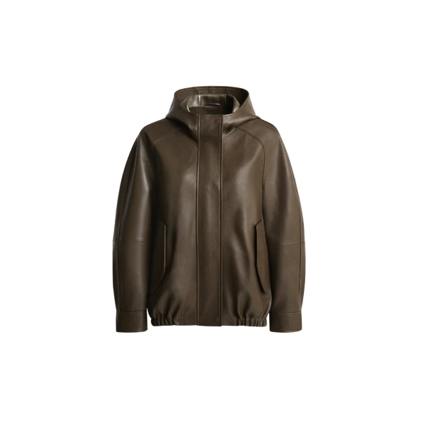 Nour Hammour Jackets Color | Hood Slouchy Leather Bomber luxury leather Jackets from Coveti