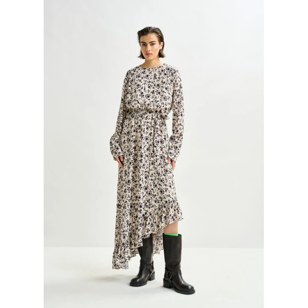 Essentiel Antwerp Off-white and black asymmetrical floral midi dress, view 2