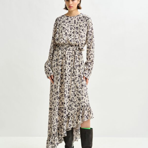 Essentiel Antwerp Off-white and black asymmetrical floral midi dress - Essentiel Antwerp Dresses - Colorful Belgian Design - Shop at Coveti