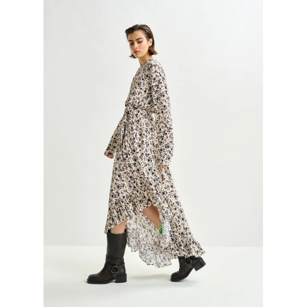 Essentiel Antwerp Off-white and black asymmetrical floral midi dress, view 3