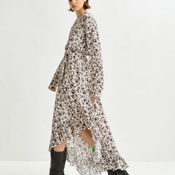 Essentiel Antwerp Off-white and black asymmetrical floral midi dress - Essentiel Antwerp Dresses - Colorful Belgian Design - Shop at Coveti