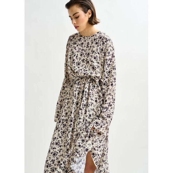 Essentiel Antwerp Off-white and black asymmetrical floral midi dress, view 5