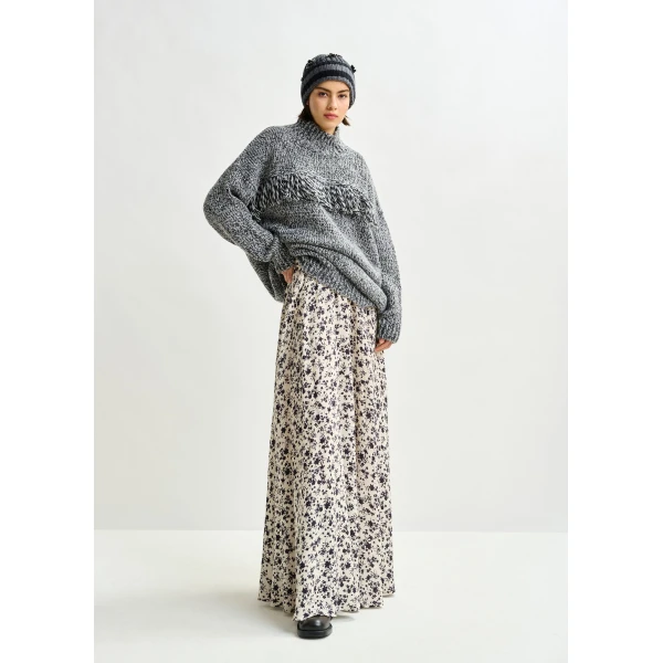 Essentiel Antwerp Off-white and black floral maxi skirt, view 2