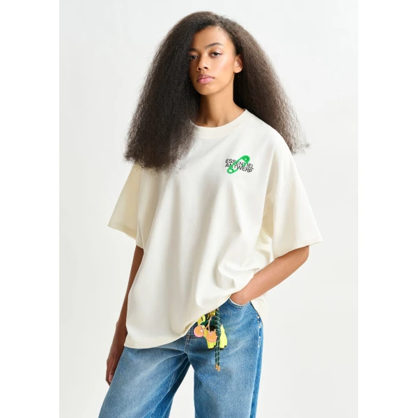 Essentiel Antwerp Off-white and green cotton T-shirt with bead embroidery Top, view 2