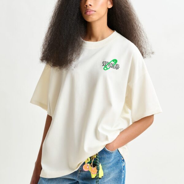 Essentiel Antwerp Off-white and green cotton T-shirt with bead embroidery - Essentiel Antwerp Shirts - Colorful Belgian Design - Shop at Coveti
