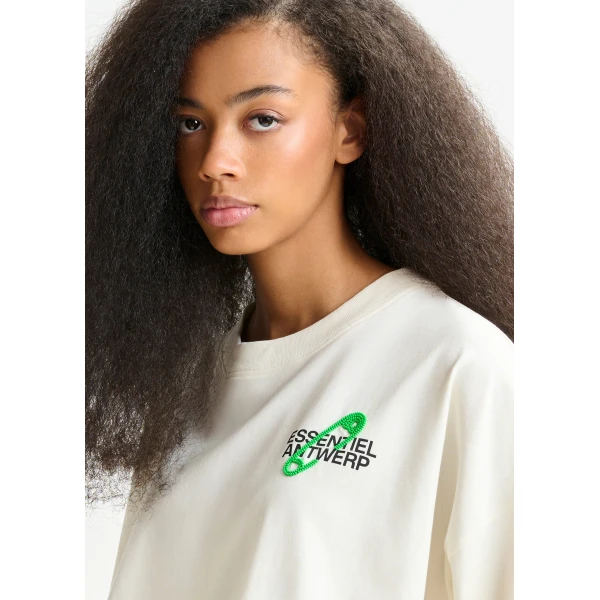 Essentiel Antwerp Off-white and green cotton T-shirt with bead embroidery Top, view 3