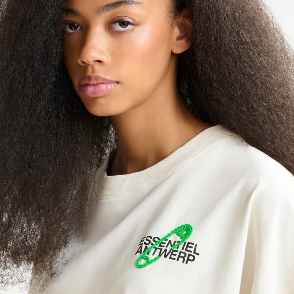 Essentiel Antwerp Off-white and green cotton T-shirt with bead embroidery - Essentiel Antwerp Shirts - Colorful Belgian Design - Shop at Coveti