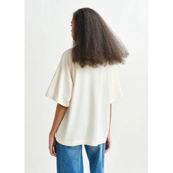 Essentiel Antwerp Off-white and green cotton T-shirt with bead embroidery Top, view 4