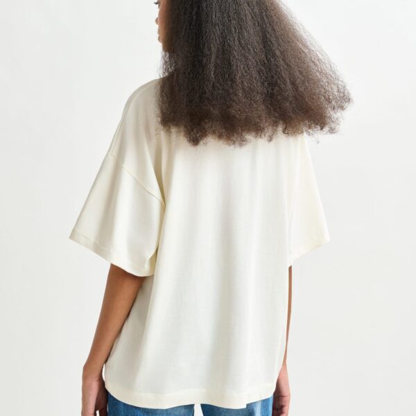 Essentiel Antwerp Off-white and green cotton T-shirt with bead embroidery - Essentiel Antwerp Shirts - Colorful Belgian Design - Shop at Coveti