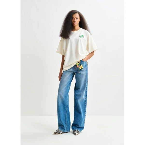Essentiel Antwerp Off-white and green cotton T-shirt with bead embroidery Top, view 5