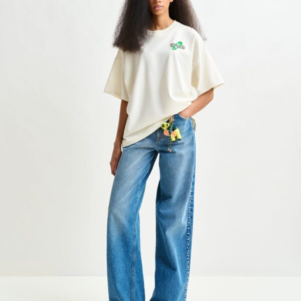 Essentiel Antwerp Off-white and green cotton T-shirt with bead embroidery - Essentiel Antwerp Shirts - Colorful Belgian Design - Shop at Coveti