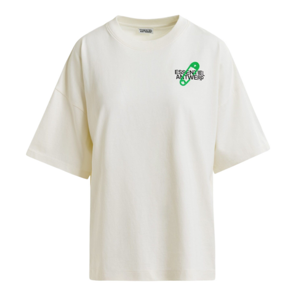 Essentiel Antwerp Off-white and green cotton T-shirt with bead embroidery - Essentiel Antwerp Shirts - Colorful Belgian Design - Shop at Coveti