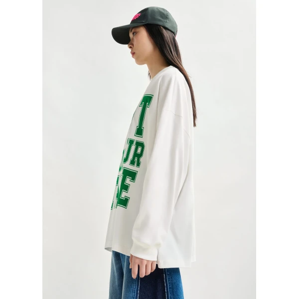 Essentiel Antwerp Off-white and green printed organic cotton long-sleeve T-shirt Top, view 3