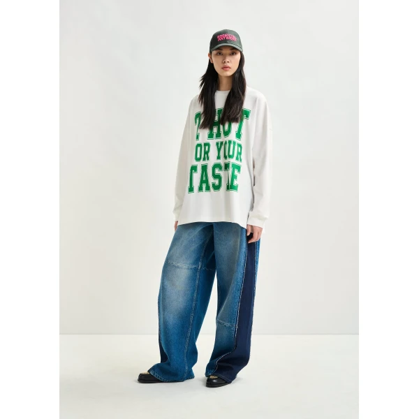 Essentiel Antwerp Off-white and green printed organic cotton long-sleeve T-shirt Top, view 5