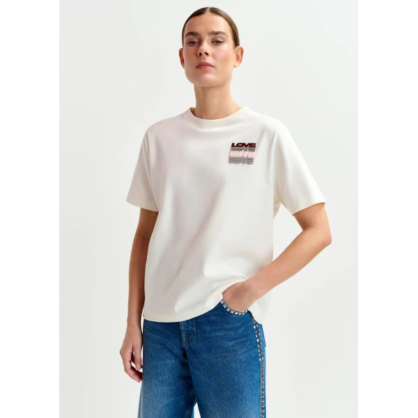 Essentiel Antwerp Off-white and multicolor cotton T-shirt with sequin embroidery Top, view 2