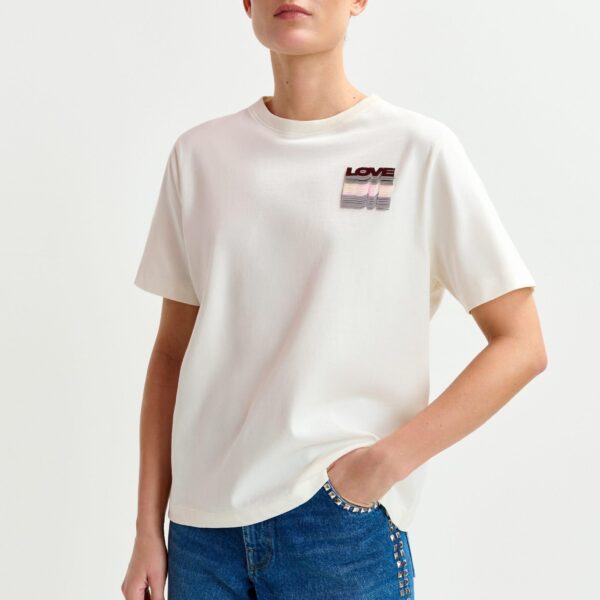 Essentiel Antwerp Off-white and multicolor cotton T-shirt with sequin embroidery - Essentiel Antwerp Shirts - Colorful Belgian Design - Shop at Coveti