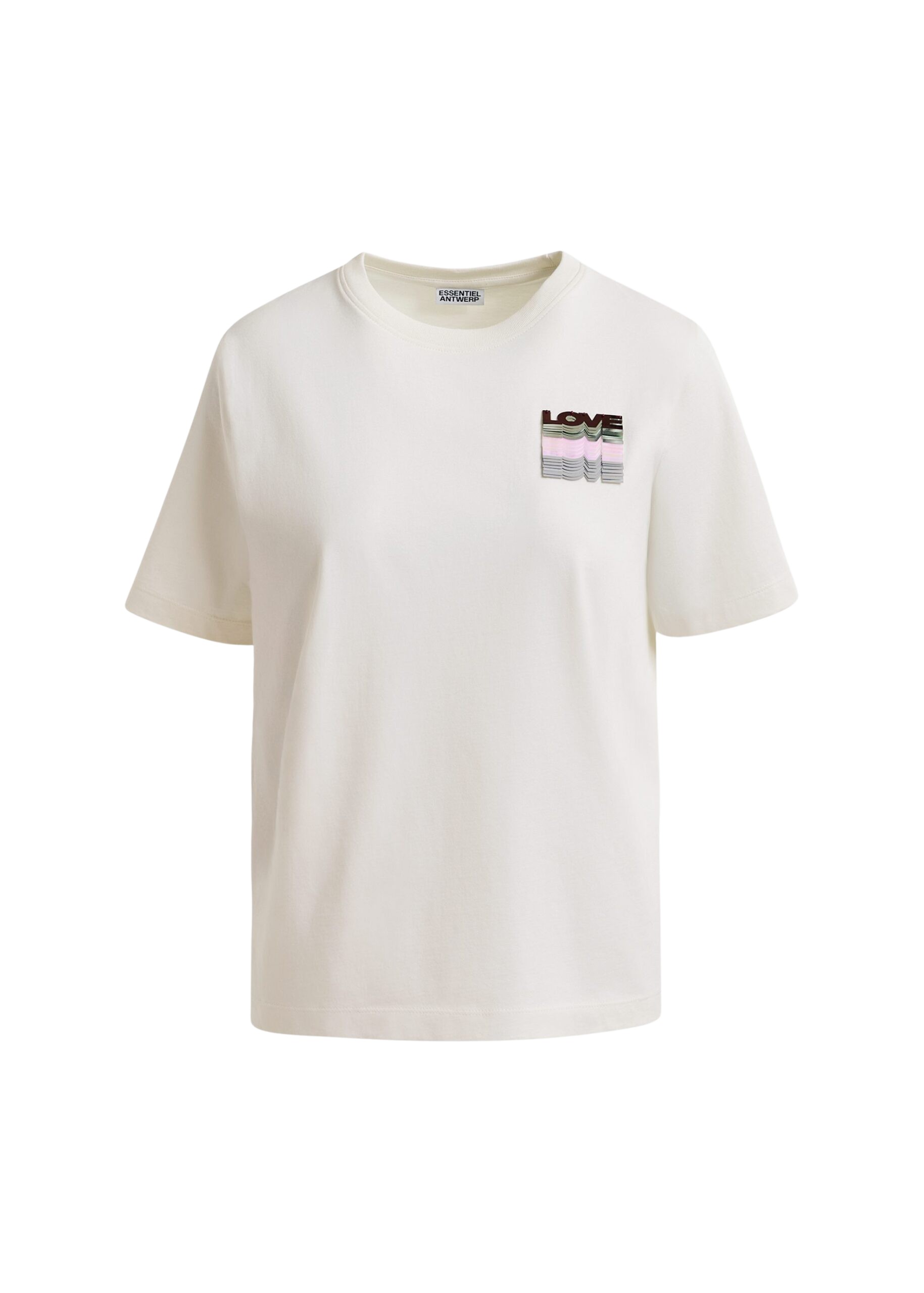 Essentiel Antwerp Off-white and multicolor cotton T-shirt with sequin embroidery - Essentiel Antwerp Shirts - Colorful Belgian Design - Shop at Coveti