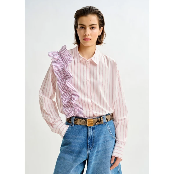 Essentiel Antwerp Off-white and red striped cotton shirt with ruffle detail, view 2