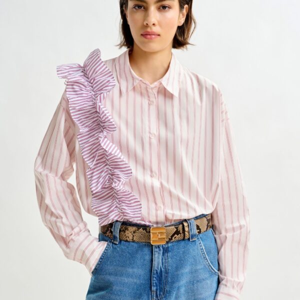 Essentiel Antwerp Off-white and red striped cotton shirt with ruffle detail - Essentiel Antwerp Shirts - Colorful Belgian Design - Shop at Coveti