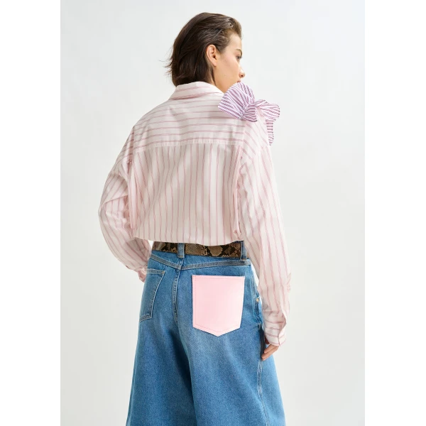 Essentiel Antwerp Off-white and red striped cotton shirt with ruffle detail, view 3