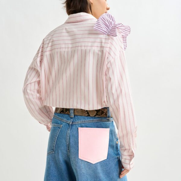 Essentiel Antwerp Off-white and red striped cotton shirt with ruffle detail - Essentiel Antwerp Shirts - Colorful Belgian Design - Shop at Coveti
