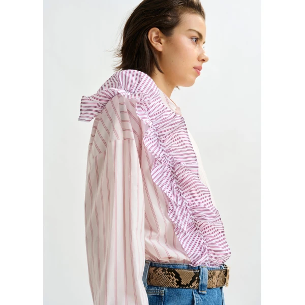 Essentiel Antwerp Off-white and red striped cotton shirt with ruffle detail, view 4