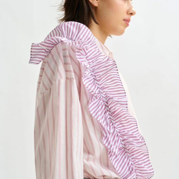 Essentiel Antwerp Off-white and red striped cotton shirt with ruffle detail - Essentiel Antwerp Shirts - Colorful Belgian Design - Shop at Coveti
