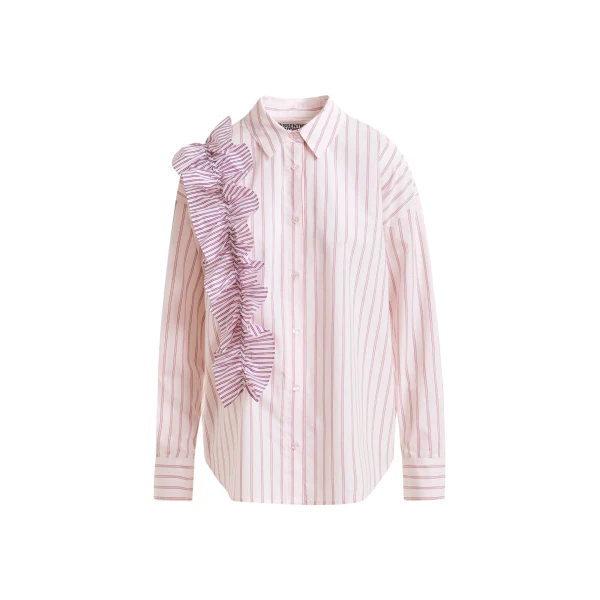 Essentiel Antwerp Off-white and red striped cotton shirt with ruffle detail - Essentiel Antwerp Shirts - Colorful Belgian Design - Shop at Coveti