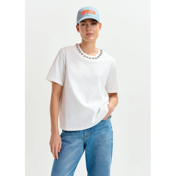 Essentiel Antwerp Off-white and silver cotton T-shirt with metallic pearl-style embellishments Top, view 2