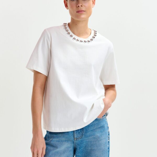 Essentiel Antwerp Off-white and silver cotton T-shirt with metallic pearl-style embellishments - Essentiel Antwerp Shirts - Colorful Belgian Design - Shop at Coveti